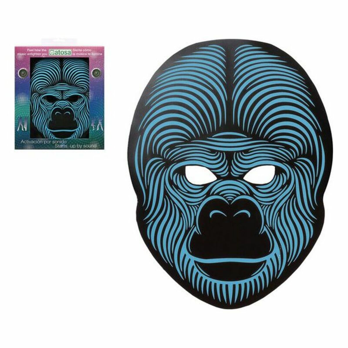 En svart mask föreställande ett gorillahuvud med konturer i lysande blått LED-ljus som reagerar på ljud. Förpackningen syns i bakgrunden.