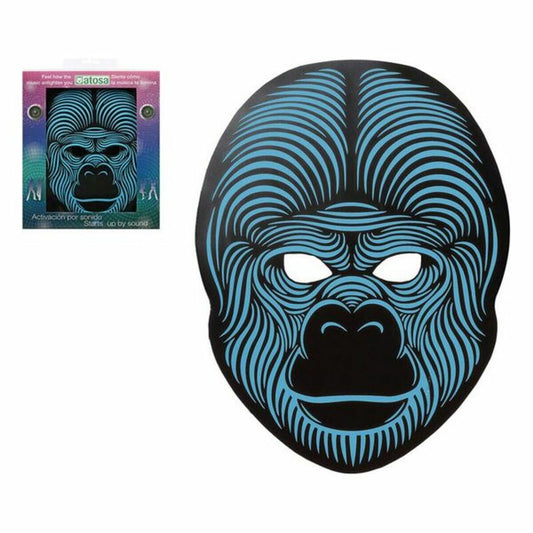 En svart mask föreställande ett gorillahuvud med konturer i lysande blått LED-ljus som reagerar på ljud. Förpackningen syns i bakgrunden.