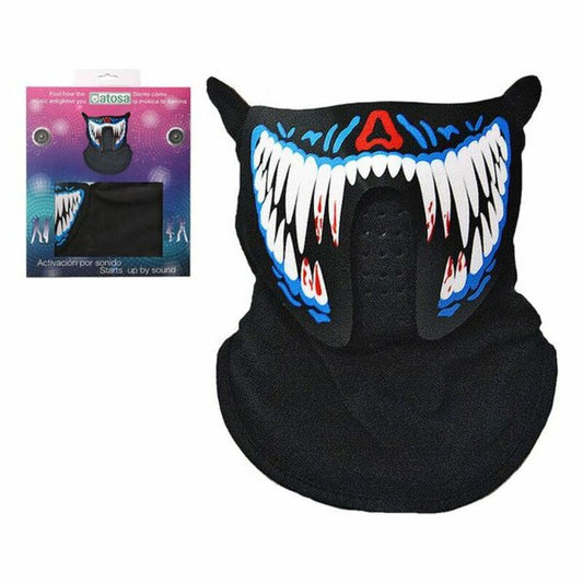 En svart hals/ansiktsmask med ett stort, upplyst motiv av ett monstergap med vassa vita tänder, rött tandkött och blåa detaljer. Förpackningen syns bredvid.