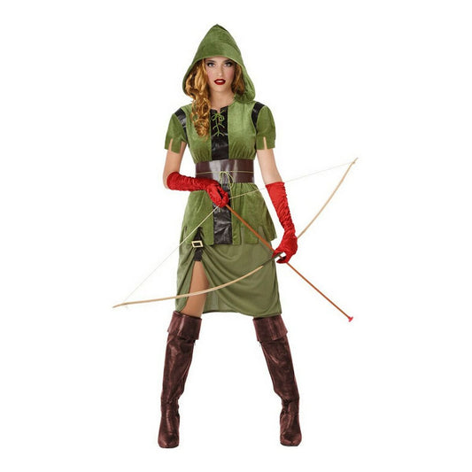 Kvinna klädd i en grön maskeraddräkt som påminner om Robin Hood, komplett med huva, skärp och kjol, hon håller i en pilbåge.