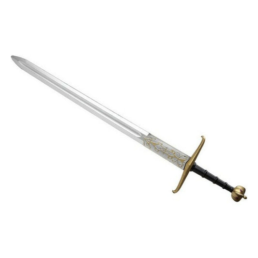 Ett långt, imponerande leksakssvärd i plast med silverfärgat blad dekorerat med guldiga ornament nära fästet. Fästet och handtaget är svart med ett guldfärgat parerstång och ett utsmyckat pommel.