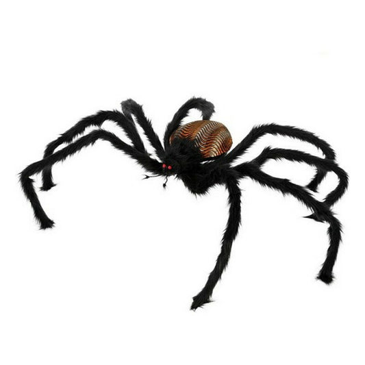 En stor, svart, hårig halloween-spindel med röda lysande ögon och en brun-orange, räfflad kropp, avbildad mot vit bakgrund.