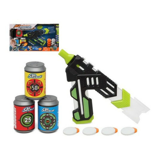 En svart och neongrön lufttryckspistol, en 'Air Shooter', visas tillsammans med tre burkliknande mål med siffrorna 25 och 50 samt en prickskyttetavla, samt fyra runda projektiler.