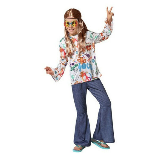 Ett barn poserar glatt i en hippiedräkt med långärmad tröja täckt av färgglada fredstecken och utsvängda jeans, och har på sig en peruk och färgglada solglasögon.