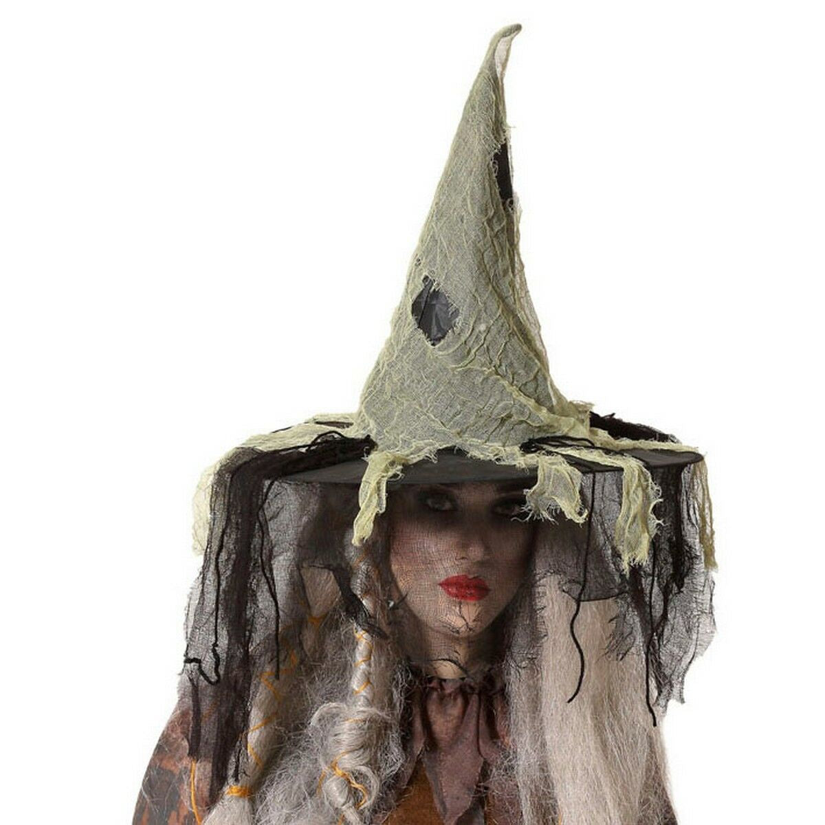 Närbild på en ondskefull häxa som bär en hög, spetsig hatt täckt av blekgrönt, trasigt tyg och en svart, tunn slöja som täcker ansiktet.
