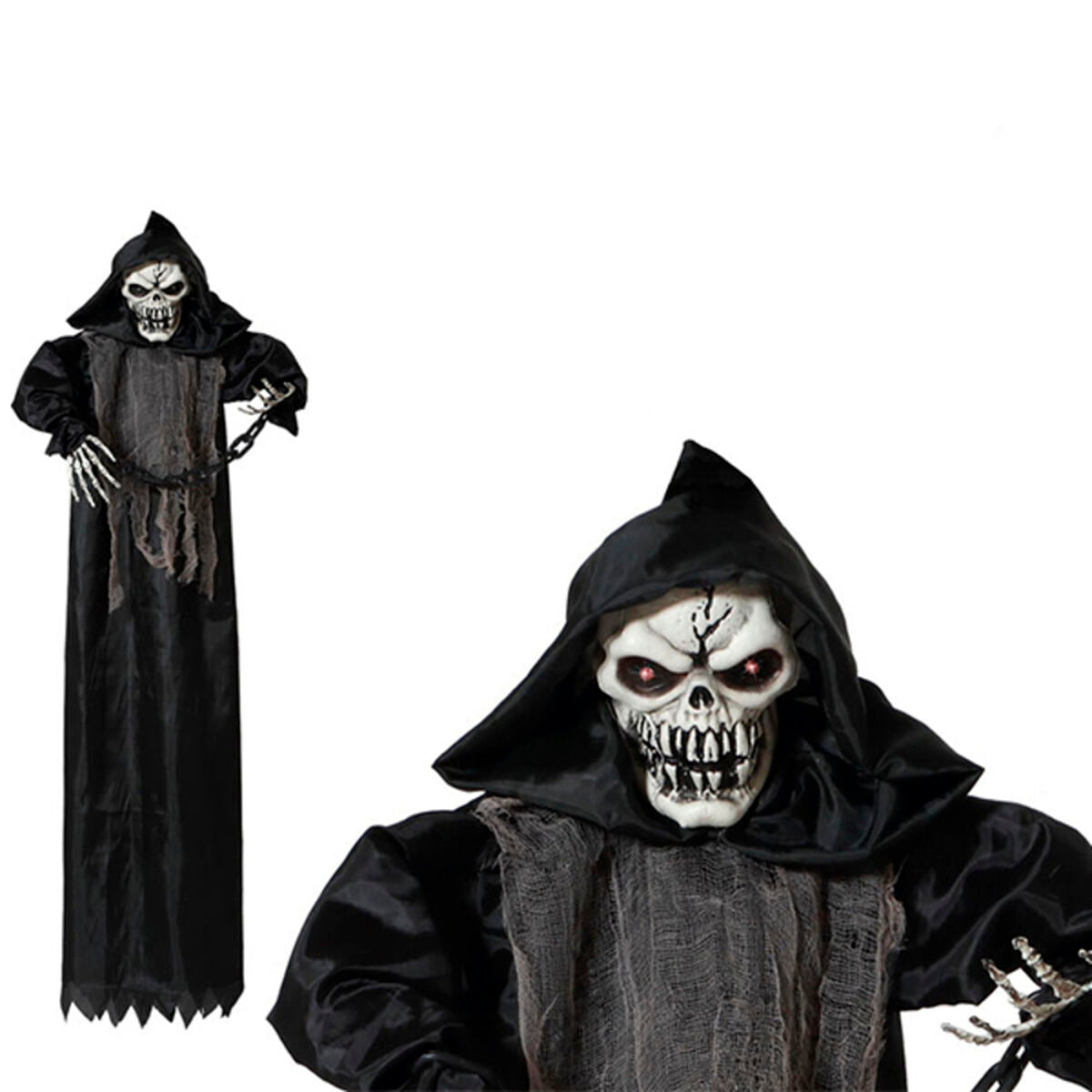 Ett stort hängande Halloween-skelett i en svart kåpa med glödande röda ögon och slitna tygdetaljer, som håller i en kedja.