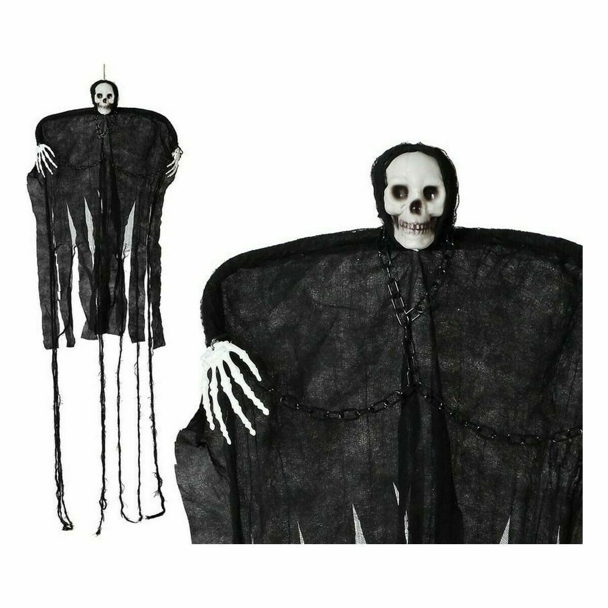 En hängande Halloween-dekoration föreställande en döing med skelettansikte, svarta trasiga kläder och beniga händer.