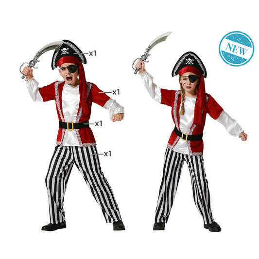 Två barn, en pojke och en flicka, poserar i en komplett piratdräkt med röd väst, randiga byxor, pirathatt och ögonlapp. Båda håller ett silvrigt piratsvärd.