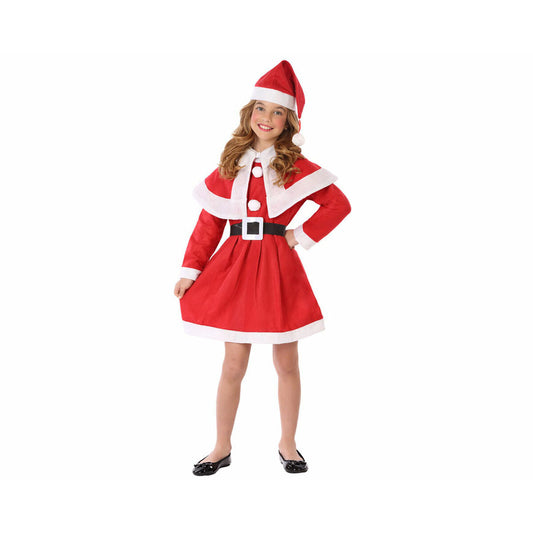 En glad ung flicka poserar i en röd och vit maskeraddräkt som föreställer en jultomte eller fru tomte, komplett med luva och bälte.