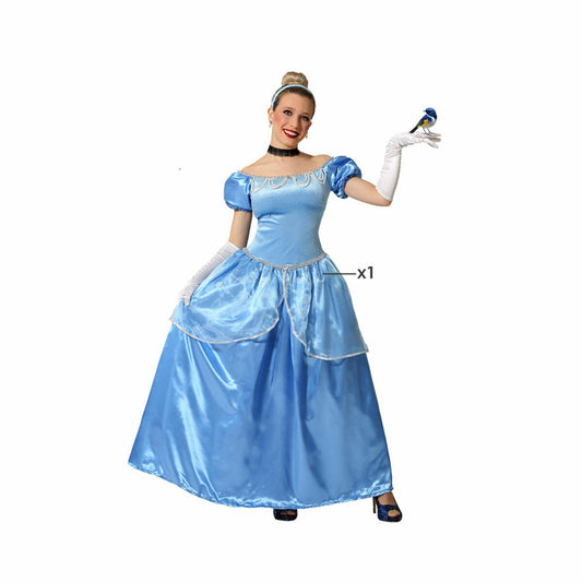 En kvinna klädd i en lång, ljusblå prinsessklänning med puffärmar, ett svart chokerhalsband och vita långa handskar. Hon håller en liten blå fågel på ena handen.