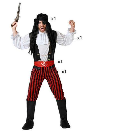 Manlig piratmaskeraddräkt i storlek XL, bestående av svartväst, vit blus, röd-svarta randiga byxor, rött dödskalleskärp och svart ögonlapp. Modellen håller en pistol i ena handen och knyter näven med den andra.
