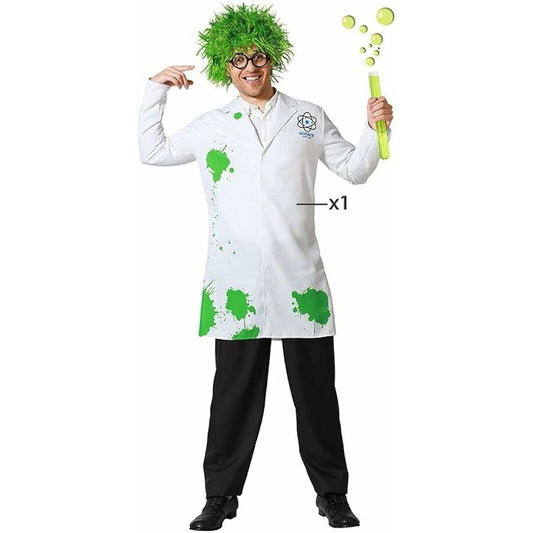En man i storlek XL klädd i en vit laboratorierock med gröna kemistänk, en vild grön peruk och glasögon, som håller i ett provrör med grön vätska och bubblor.