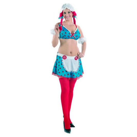 Kvinna klädd i en sexig Rag Doll maskeraddräkt bestående av en blå och röd prickig bikini-topp, en matchande kort kjol med vitt förkläde och röd-rosa strumpor.