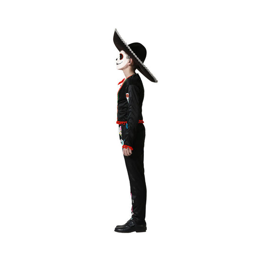 En profilbild av ett barn som bär en svart mexikansk skelettdräkt med färgglada detaljer och en stor svart sombrero-hatt.