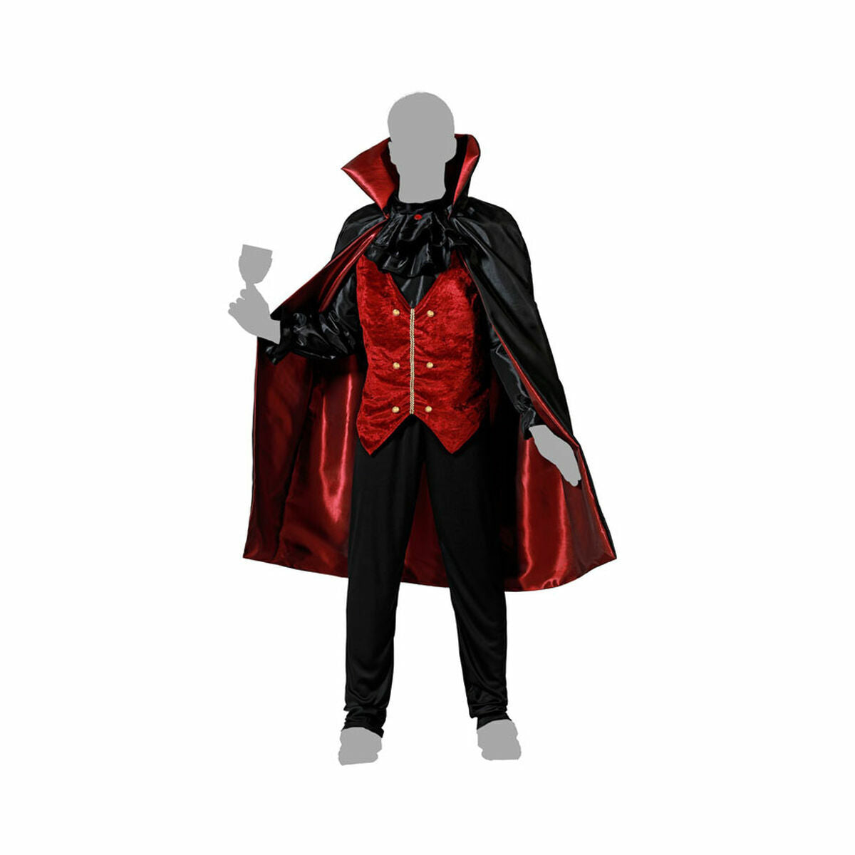 En vuxen maskeraddräkt föreställande en vampyr, komplett med en röd väst, svarta byxor och en dramatisk svart och röd fodrad cape med hög krage.