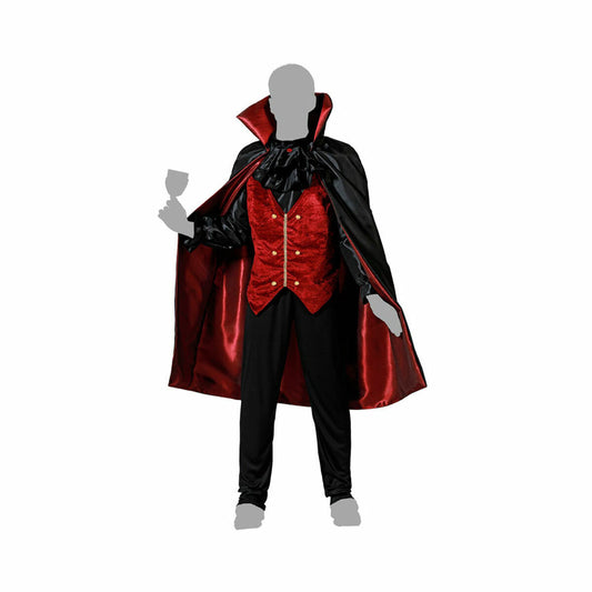 En vuxen maskeraddräkt föreställande en vampyr, komplett med en röd väst, svarta byxor och en dramatisk svart och röd fodrad cape med hög krage.