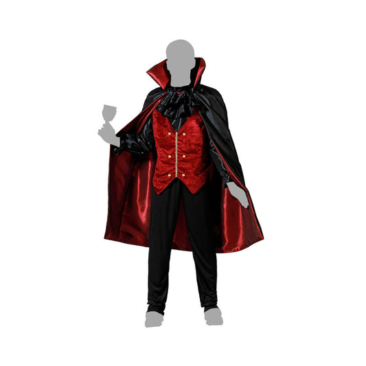 En vuxen vampyr maskeraddräkt i storlek XL, bestående av svarta byxor, en röd väst med gulddetaljer, en svart skjorta med volanger och en dramatisk svart mantel fodrad med rött.
