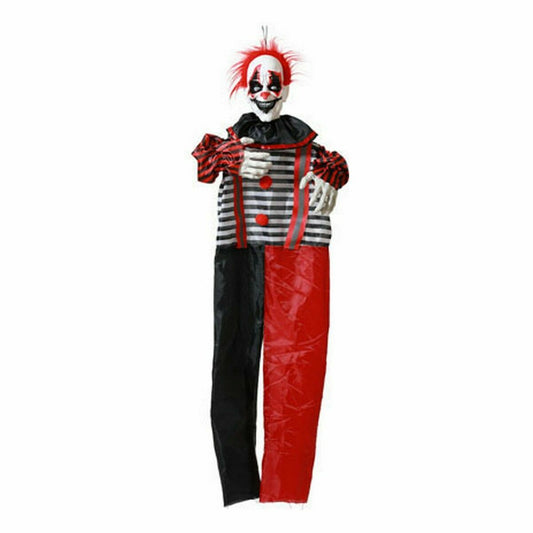 En hängande halloween-dekoration föreställande ett skelett med clownsminkning, rött vilt hår, och en dräkt i svart och rött med vita ränder.