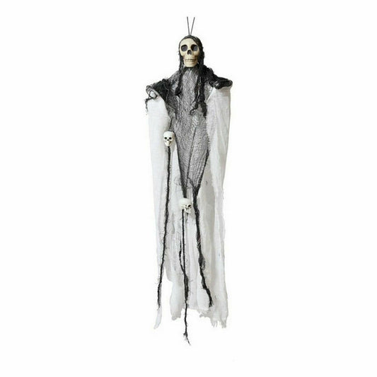Ett hängande halloweenpynt föreställande en spöklik figur med en vit dödskalle och långt svart hår, draperad i vita och svarta trasor, med tre mindre dödskallar hängandes från kroppen.