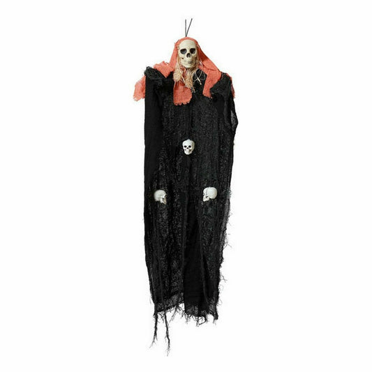 En kuslig hängande Halloween-dekoration föreställande ett skelett draperat i en svart, trasig kåpa med orangea inslag vid huvan och tre mindre vita dödskallar fästa på framsidan.