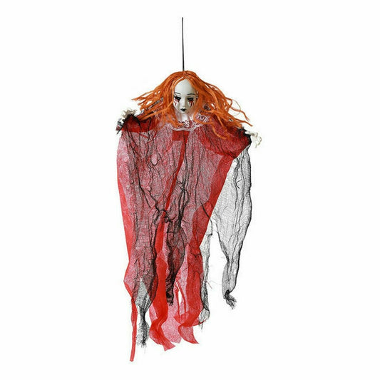 En hängande Halloween-dekoration föreställande ett spöke med vitt ansikte, svart smink runt ögonen, långt orange hår och svepande tyger i rött och svart.