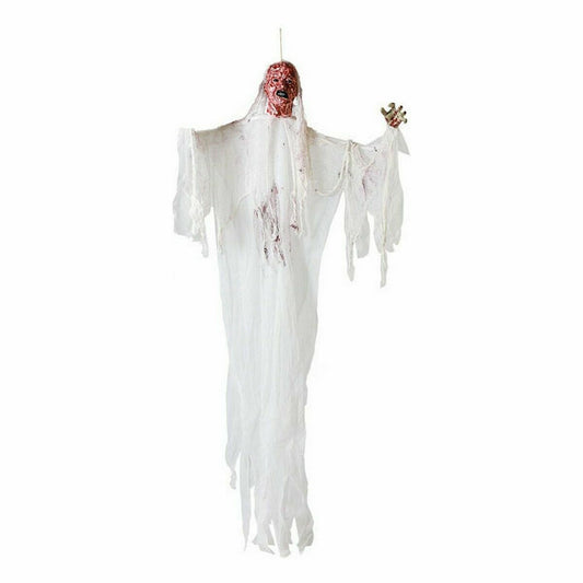 En hängande Halloween-dekoration som föreställer ett spöke med ett blodigt, skrämmande ansikte och trasiga vita tygstycken som draperar neråt.
