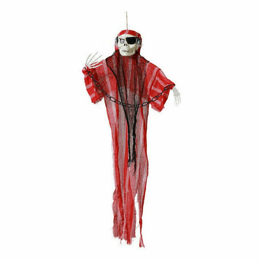 En hängande Halloween-dekoration föreställande ett skelett med vita skeletthänder, en röd och vit randig, trasig draperad kappa och en svart ögonlapp som pirat.
