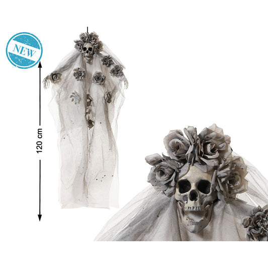 En 120 cm hög hängande halloweendekoration som visar ett skeletthuvud med en bukett gråa rosor och en vit, fladdrande slöja/klänning.