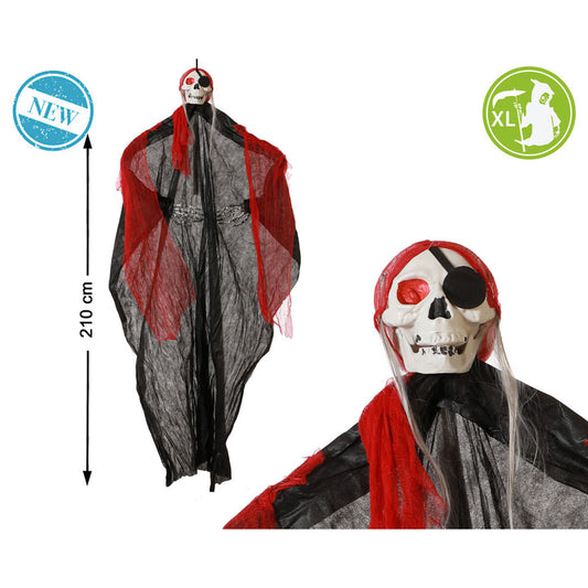 En stor hängande Halloween-dekoration föreställande ett skelett med röd-svarta tyger och ett ögonplåster, mätandes 210 cm i höjd.
