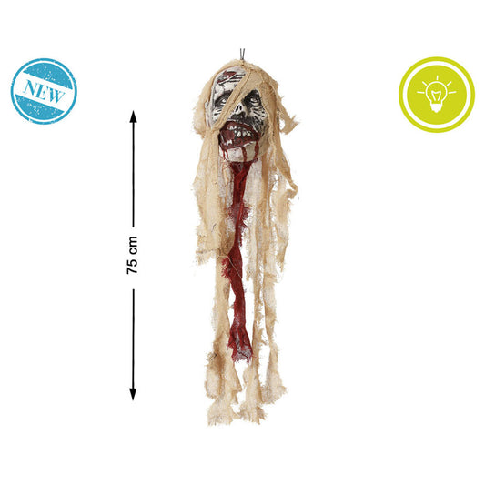 En makaber hängande halloweendekoration som föreställer ett blodigt skallehuvud draperat i trasiga beigea tyger, med en höjdmätning på 75 cm visad vid sidan.