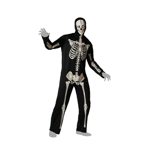 En vuxen bär en svart skelettmaskeraddräkt med huva.