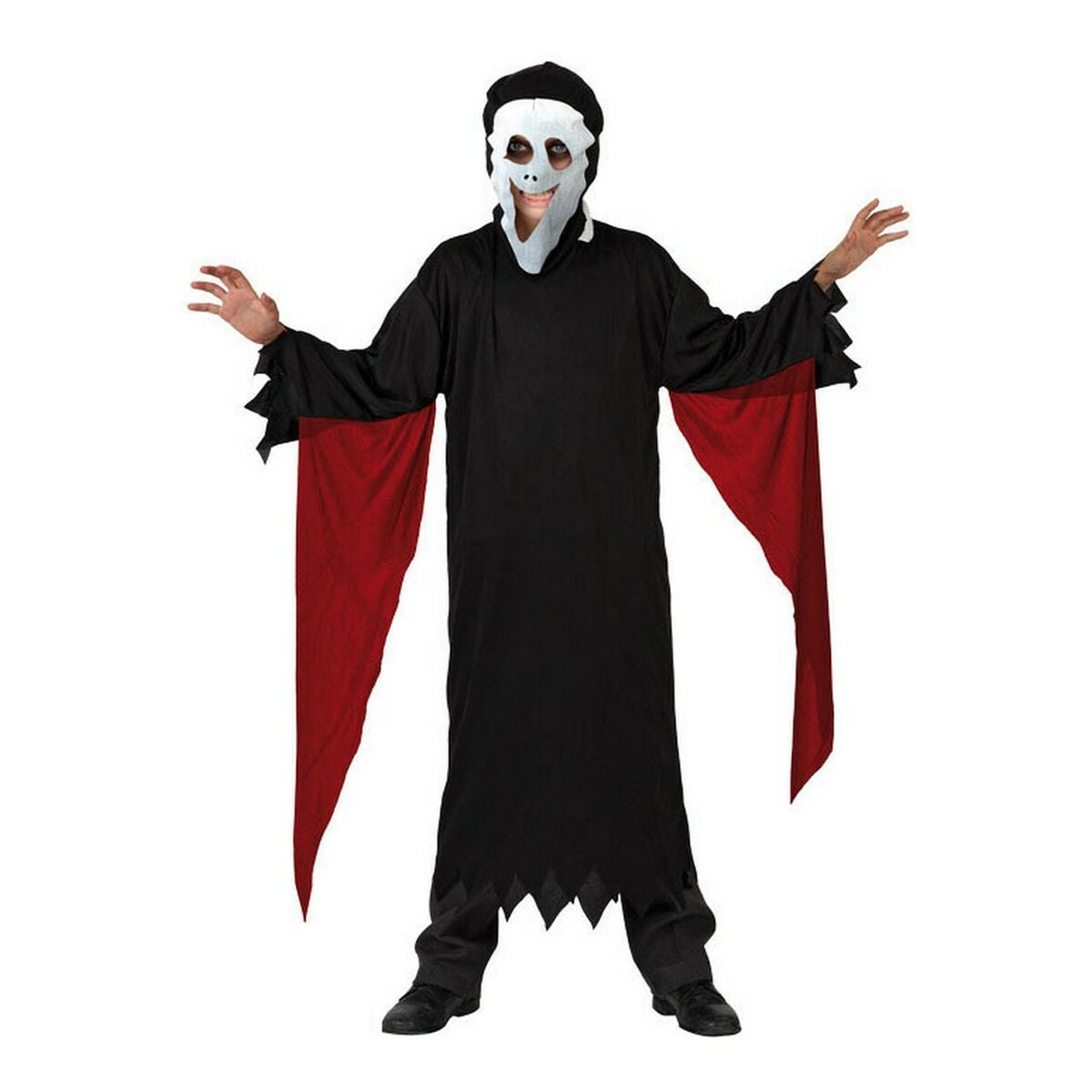 Ett barn i en svart, långärmad dräkt med röda foder i ärmarna och en vit, skrämmande mask som täcker ansiktet.