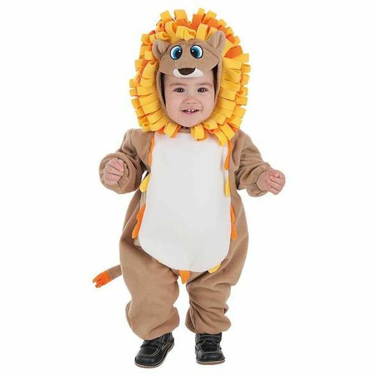 En leende bebis klädd i en brun och orange lejonmaskeraddräkt med stor, fluffig man och en söt ansiktsdetalj på luvan.