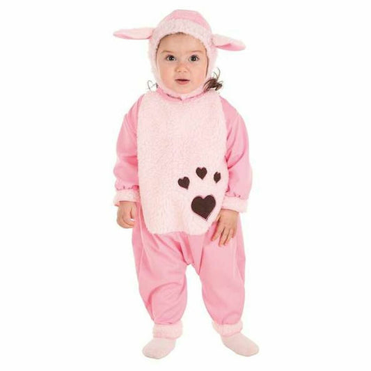 En liten bebis klädd i en rosa Nasse-maskeraddräkt med huva, fluffig mage och mörka hjärtformade tassar.