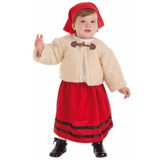 En baby i åldern 0-12 månader poserar iklädd en maskeraddräkt som föreställer en kvinnlig herde, med en beige teddyjacka, röd kjol och röd huvudduk.