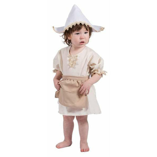 Ett litet barn i en ljusbeige och vit maskeraddräkt bestående av klänning, förkläde och en hög, spetsig hatt med guldig kant.