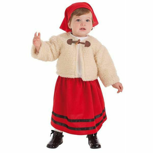 Ett litet barn klädd i en tre-delad kvinnlig herdedräkt bestående av en krämvit fårpäls-liknande kappa, en röd kjol med svarta band, och en röd huvudduk.