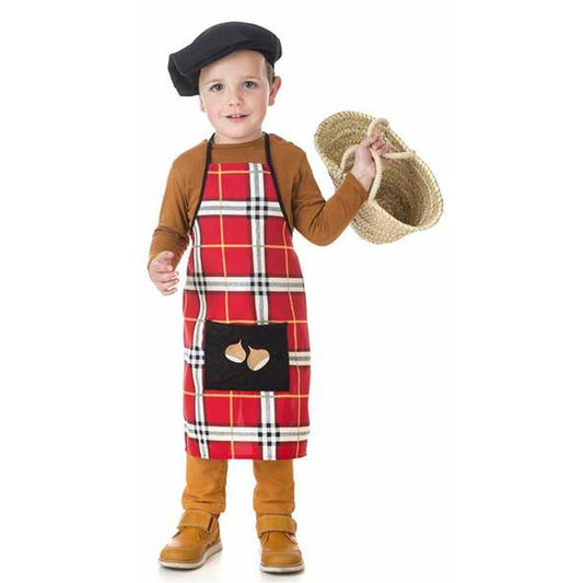 Ett litet barn i en maskeradkostym föreställande en kastanjeförsäljare, komplett med en röd- och svartrutig förkläde med kastanjer på fickan och en svart basker.