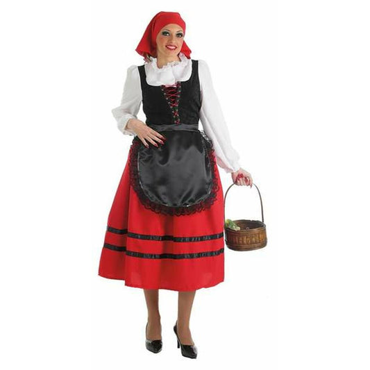 En kvinna i en traditionell maskeraddräkt som föreställer en kvinnlig herde, med röd kjol, vit blus, svart livstycke och rött huvudduk, hon håller i en liten träkorg.