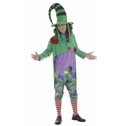 En person i en grön och lila maskeraddräkt med en lång, böjd randig hatt, psykedeliska byxor och randiga strumpor.