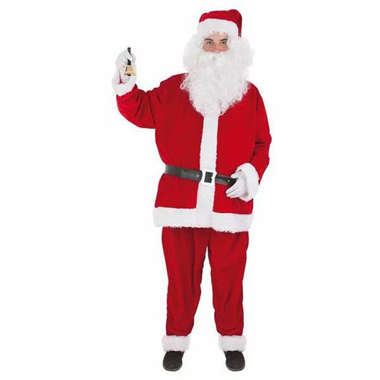 En vuxen man klädd i en komplett tomte maskeradkostym i rött och vitt, inklusive hatt, skägg och bälte, som håller upp en liten klocka i handen.