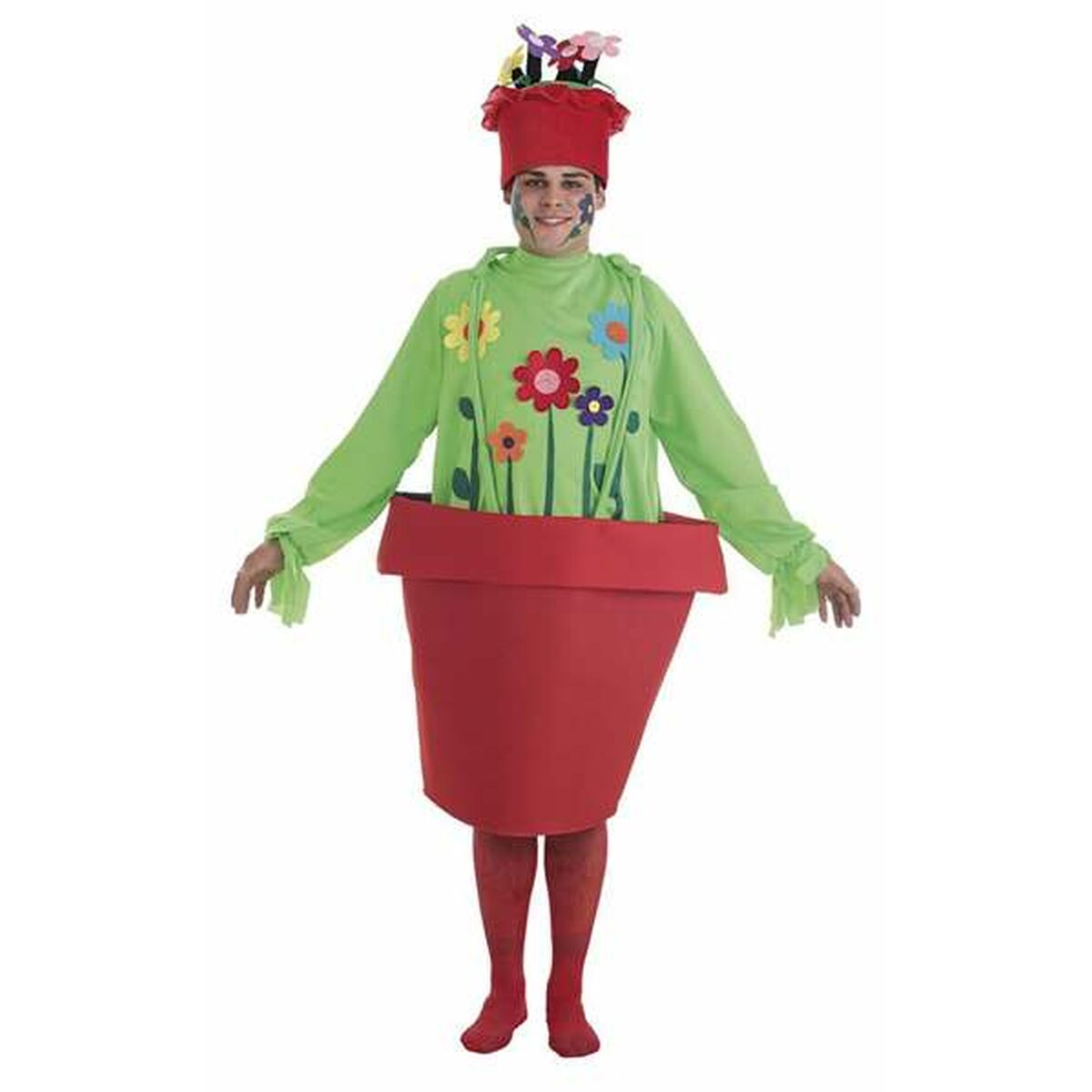 En man klädd i en färgglad maskeraddräkt som en levande blomkruka, bestående av en röd kruka, en grön tunika med blommotiv och en röd hatt med blommor.