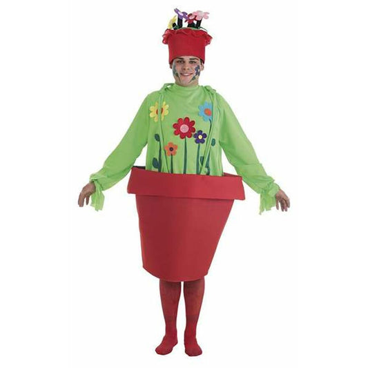 En man klädd i en färgglad maskeraddräkt som en levande blomkruka, bestående av en röd kruka, en grön tunika med blommotiv och en röd hatt med blommor.