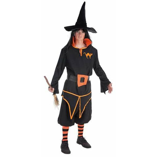 En person iklädd en komplett svart och orange maskeraddräkt föreställande en magiker eller häx-figur, komplett med hög hatt och randiga strumpor.