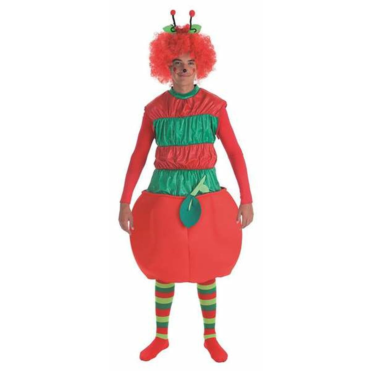 En person i en hel maskeraddräkt som föreställer ett rött äpple, med en röd och grön överdel, randiga rödgröna strumpor och en röd clownperuk med små antenner.