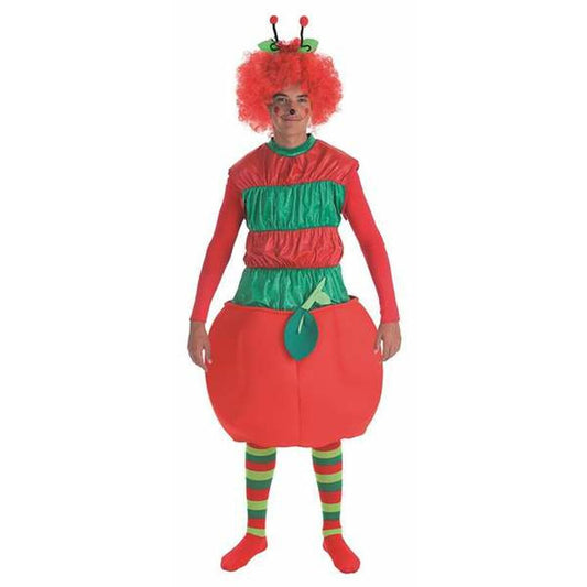 En person i en hel maskeraddräkt som föreställer ett rött äpple, med en röd och grön överdel, randiga rödgröna strumpor och en röd clownperuk med små antenner.