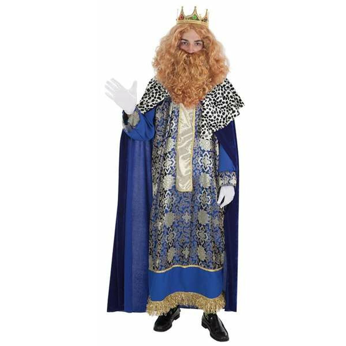 En person klädd i en kunglig maskeraddräkt som föreställer Melchior, med en blå och guldskimrande tunika, en lång blå mantel, en guld-krona, och en peruk med rött skägg.