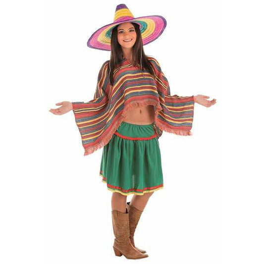 Kvinna i mexikansk festdräkt med randig kort poncho, grön kjol och en stor färgglad sombrero.