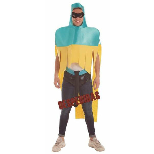 En man i en humoristisk maskeraddräkt föreställande en mopp, bestående av en turkos huva, gula fransar, en svart ögonmask, kalsonger och ett utstickande penis-attribut.