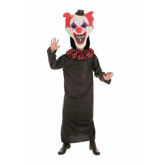 En person iklädd en lång svart tunika och en vit, röd och lila clownmask med ett brett, tandfyllt leende.